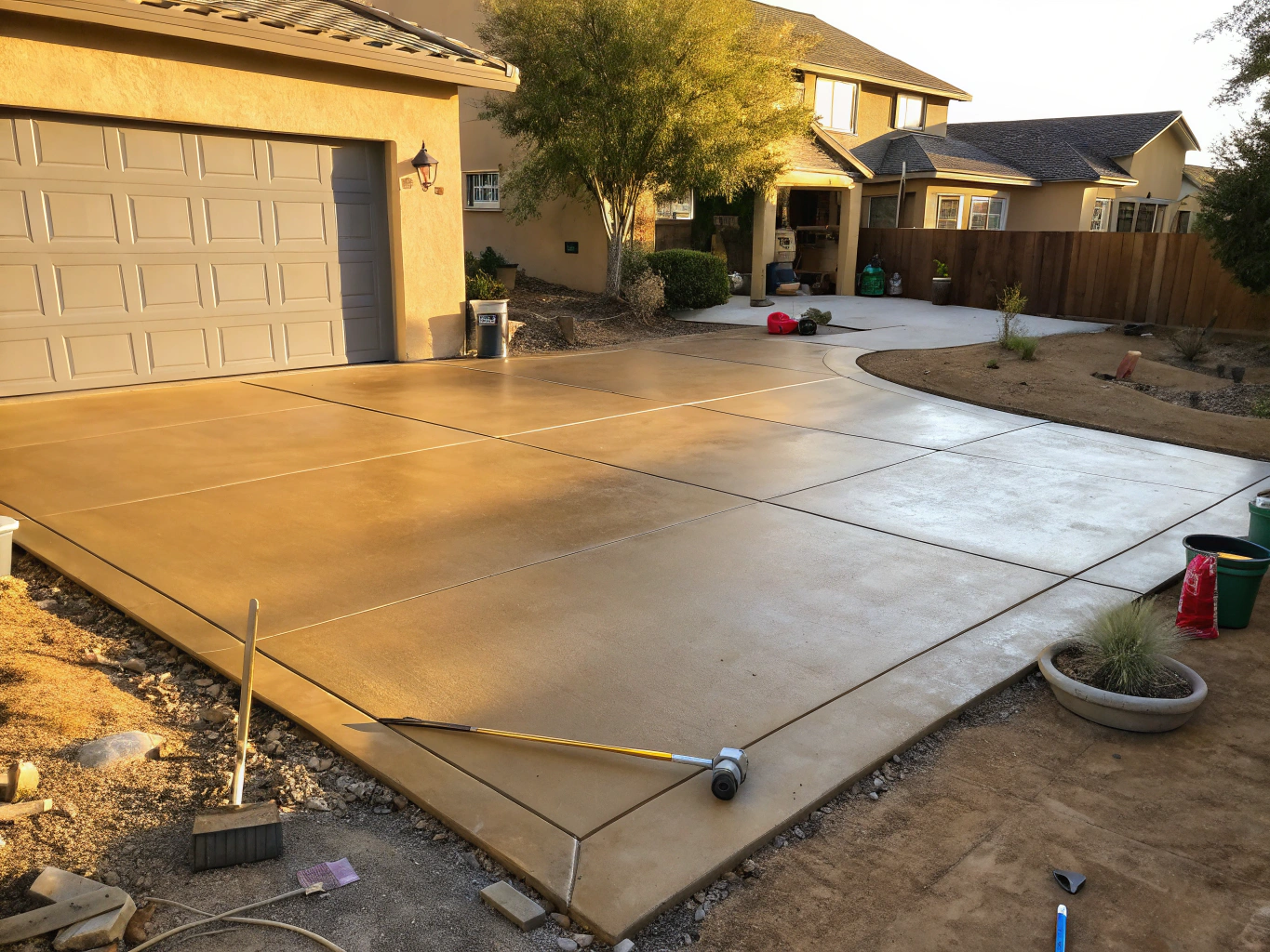 Freshly poured concrete driveway surface