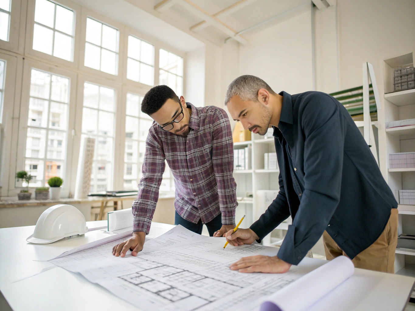 Architectural blueprints on a construction desk